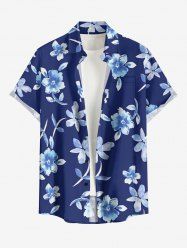 Flowers Leaf Print Buttons Pocket Hawaii Shirt For Men - Bleu profond M