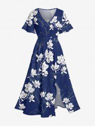 Flowers Leaf Print Split Hawaii Midi Dress -  
