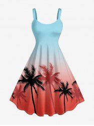 Ombre Coconut Tree Print Hawaii Tank Dress - Bleu Ciel 1X