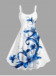 Plus Size Flowers Leaf Print Hawaii Tank Dress -  