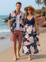 Flowers Leaf Print Matching Hawaii Beach Outfit For Couples -  