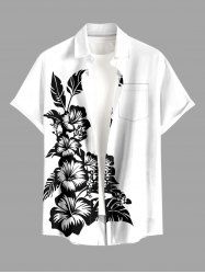 Plus Size Hibiscus Flowers Leaf Print Buttons Pocket Hawaii Shirt For Men - Blanc 4XL