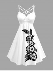 Plus Size Hibiscus Flowers Leaf Print Ruched Lattice Crisscross Straps Hawaii Dress -  
