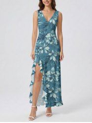 Robe hawaïenne à imprimé floral tropical et feuilles, à volants et fente cache-cœur - Paon Bleu XXXL