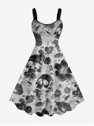 Plus Size X-ray Skull Flowers Leaf Print Hawaii Tank Dress - Gris Clair L