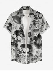 Chemise hawaïenne grande taille pour homme, à imprimé crâne, fleurs et feuilles, boutons et poche, style radiographique. - Gris Clair 2XL