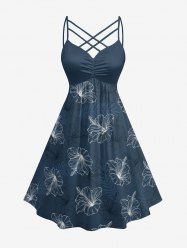 Robe hawaïenne grande taille à imprimé floral d'hibiscus et feuilles tropicales, bretelles croisées et froncées. - Cadetblue XS