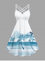 Plus Size Coconut Tree Ombre Cloud Print Ruched Lattice Crisscross Straps Hawaii Dress -  
