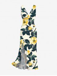 Robe hawaïenne à imprimé fleurs et feuilles, volants, fente et décolleté cache-cœur - Jaune clair XS