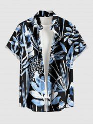 Chemise à poches boutonnées hawaïennes grande taille pour homme, imprimée de feuilles tropicales, de fleurs et de libellules. - Noir 6XL