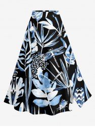 Plus Size Tropical Leaf Flower Dragonfly Print Hawaii Split A Line Skirt -  