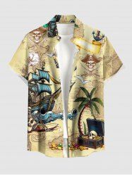Plus Size Coconut Tree Sailboat Skull Pirate Print Hawaii Cruise Button Pocket Shirt For Men - Jaune clair M
