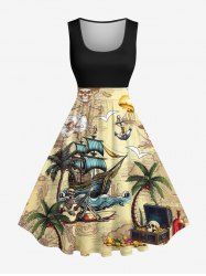 Plus Size Coconut Tree Sailboat Skull Pirate Print Hawaii Cruise Vintage Swing A Line Dress - Jaune clair L