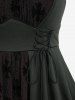 Silver Flocking Mesh Cross Tank Top and Lace Up Patchwork Pleated Flare Pants Plus Size Outfit -  