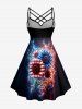 Plus Size Patriotic American Flag Sunflowers Galaxy Glitter 3D Print Ruched Lattice Crisscross Straps Dress -  