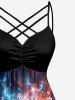 Plus Size Patriotic American Flag Sunflowers Galaxy Glitter 3D Print Ruched Lattice Crisscross Straps Dress -  