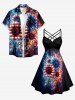 Plus Size Patriotic American Flag Sunflowers Galaxy Glitter 3D Print Ruched Lattice Crisscross Straps Dress -  