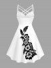 Plus Size Hibiscus Flowers Leaf Print Ruched Lattice Crisscross Straps Hawaii Dress -  