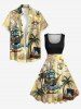 Plus Size Coconut Tree Sailboat Skull Pirate Print Hawaii Cruise Vintage Swing A Line Dress - Jaune clair L