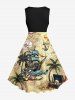 Plus Size Coconut Tree Sailboat Skull Pirate Print Hawaii Cruise Vintage Swing A Line Dress - Jaune clair L