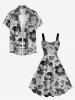 Plus Size X-ray Skull Flowers Leaf Print Hawaii Tank Dress - Gris Clair L