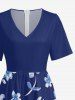 Flowers Leaf Print V Neck Hawaii Wide Leg Jumpsuit - Bleu profond S