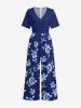 Flowers Leaf Print V Neck Hawaii Wide Leg Jumpsuit - Bleu profond M