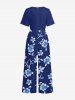 Flowers Leaf Print V Neck Hawaii Wide Leg Jumpsuit - Bleu profond L