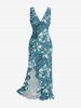 Robe hawaïenne à imprimé floral tropical et feuilles, à volants et fente cache-cœur - Paon Bleu XXXL