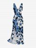 Hibiscus Flowers Print Hawaii Ruffles Split Surplice Dress - Bleu profond XS