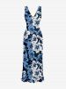 Hibiscus Flowers Print Hawaii Ruffles Split Surplice Dress - Bleu profond M