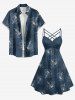 Robe hawaïenne grande taille à imprimé floral d'hibiscus et feuilles tropicales, bretelles croisées et froncées. - Cadetblue XS