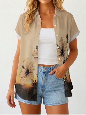 Women's Hibiscus Flower Sunset Print Hawaii Shirt - TAN - M