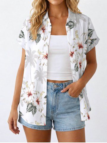 Women's Coconut Tree Hibiscus Flower Leaf Print Hawaii Shirt - WHITE - 3XL