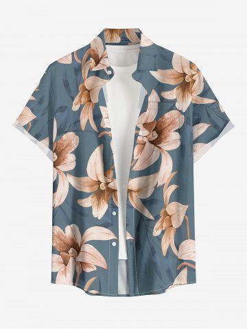 Plus Size Flower Leaf Print Hawaii Button Pocket Shirt For Men - BLUE - 2XL