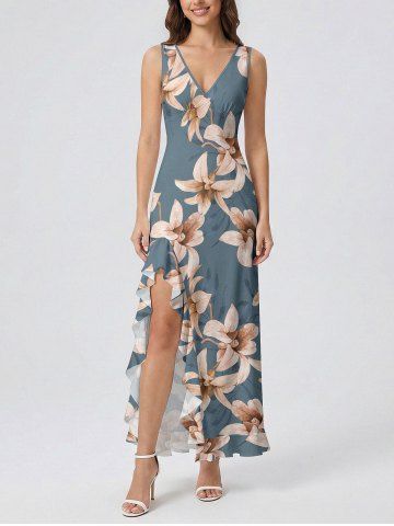Flower Leaf Print Hawaii Ruffles Split Dress - BLUE - XS
