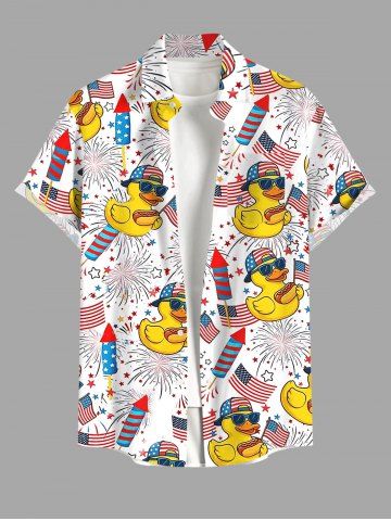Plus Size Patriotic American Flag Duck Fireworks Print Buttons Pocket Hawaii Shirt For Men - WHITE - L