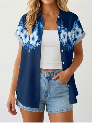 Women Hibiscus Flower Tropical Leaf Print Buttons Pocket Hawaii Shirt - DEEP BLUE - XS