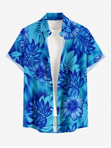 Plus Size Hibiscus Flower Tropical Leaf Print Hawaii Button Pocket Shirt For Men - BLUE - XL