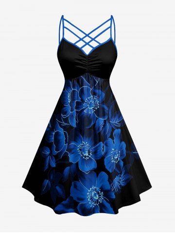 Plus Size Ombre Flower Print Hawaii Ruched Crisscross Strappy A Line Dress - DEEP BLUE - XXS