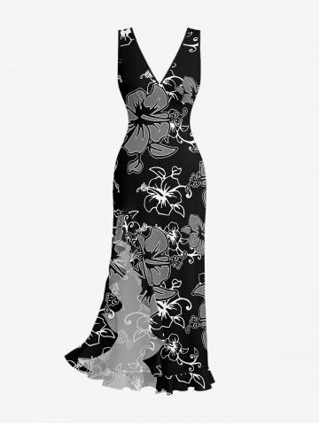 Hibiscus Flowers Leaf Print Hawaii Ruffles Split Surplice Dress - BLACK - XS