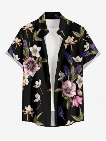 Plus Size Flower Leaf Print Hawaii Button Pocket Shirt For Men - BLACK - L