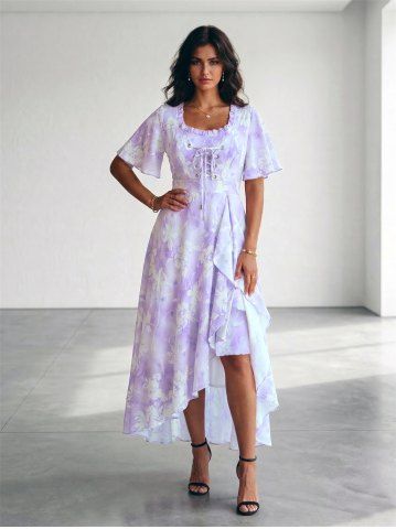 Plus Size Tie Dye Floral Print Ruffles Lace Up Split A Line Dress - LIGHT PURPLE - 3X | US 22-24