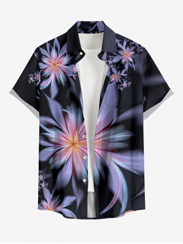 Plus Size Flower Leaf Print Hawaii Button Pocket Shirt For Men - PURPLE - L