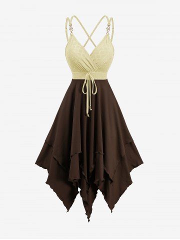Jacquard Tie Ruffles Surplice Crisscross Asymmetrical Cami Dress - DEEP COFFEE - S
