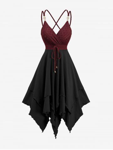 Jacquard Tie Ruffles Surplice Crisscross Asymmetrical Cami Dress - DEEP RED - M