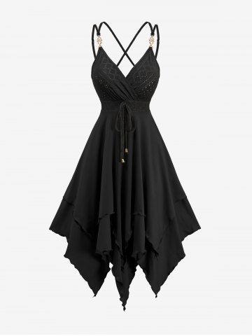 Jacquard Tie Ruffles Surplice Crisscross Asymmetrical Cami Dress - BLACK - XL