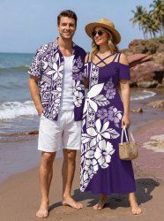 Tenue de Plage à Imprimé Fleurs et Feuilles Tropicales Grande-Taille pour Couples - Pourpre  