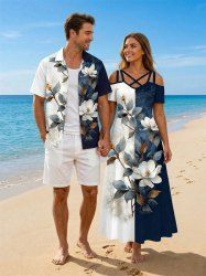 Distressed Colorblock Flowers Leaf Print Plus Size Matching Hawaii Beach Outfit For Couples -  