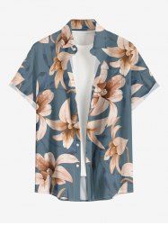Plus Size Flower Leaf Print Hawaii Button Pocket Shirt For Men - Bleu 4XL